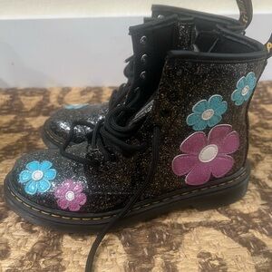 Dr. Martens Black Glitter Kids Boots with Floral Design size 3